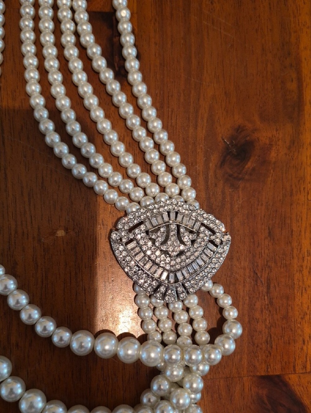 Multi-Strand Faux Pearl Necklace with Crystal Clasp - Ivory - Picture 3 of 4